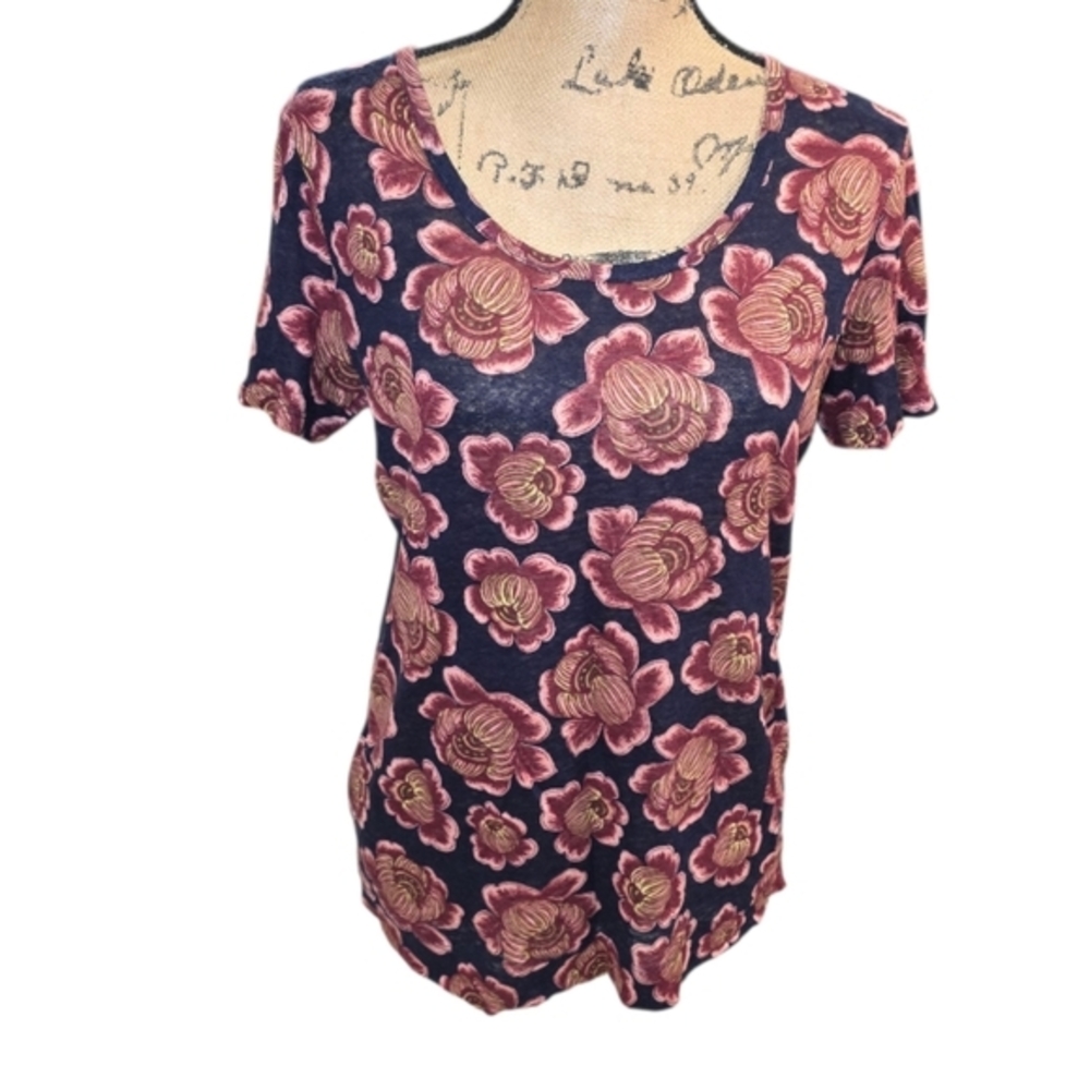 Ann Taylor Blue Pink Fitted Linen Short Sleeve T-Shirt with Floral Design Small